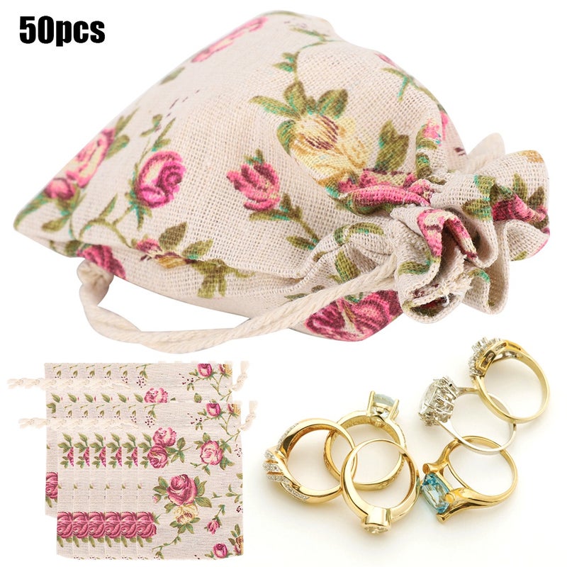 50PCs Burlap Bag Drawstring Flower‑Pattern Jewelry Packing Christmas Day Wedding Party Supplies - Image 5