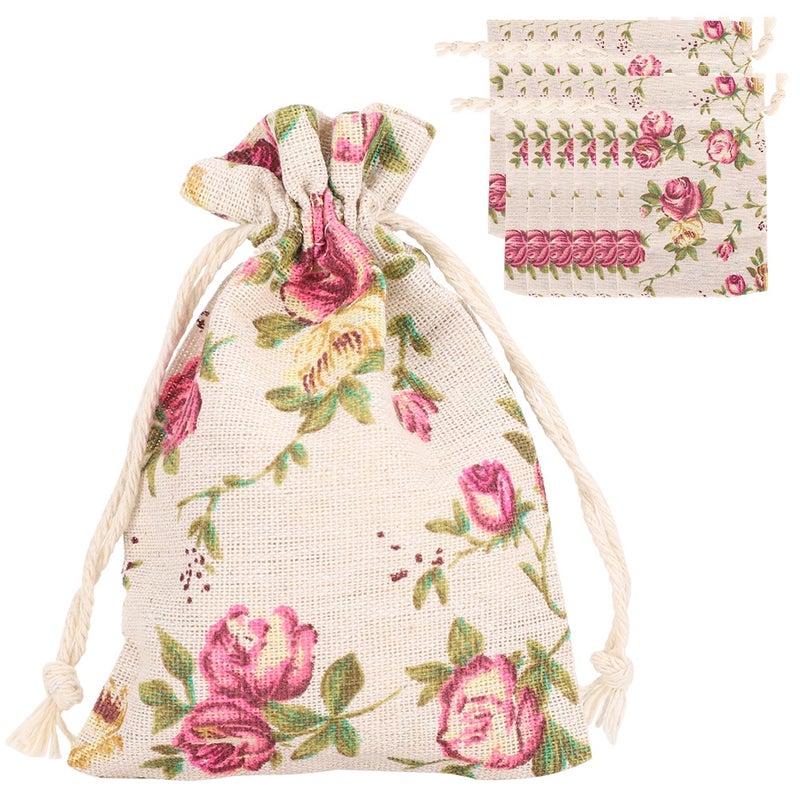 50PCs Burlap Bag Drawstring Flower‑Pattern Jewelry Packing Christmas Day Wedding Party Supplies - Image 1