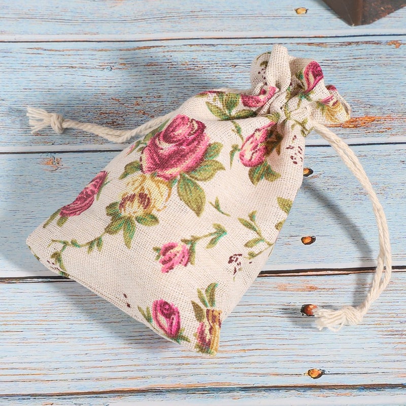 50PCs Burlap Bag Drawstring Flower‑Pattern Jewelry Packing Christmas Day Wedding Party Supplies - Image 4