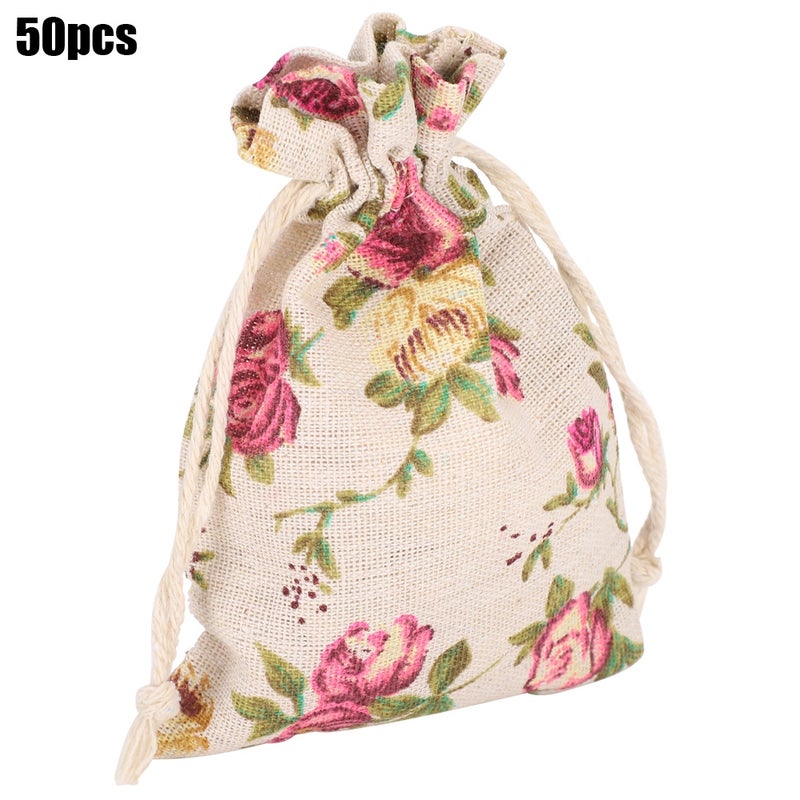 50PCs Burlap Bag Drawstring Flower‑Pattern Jewelry Packing Christmas Day Wedding Party Supplies - Image 3