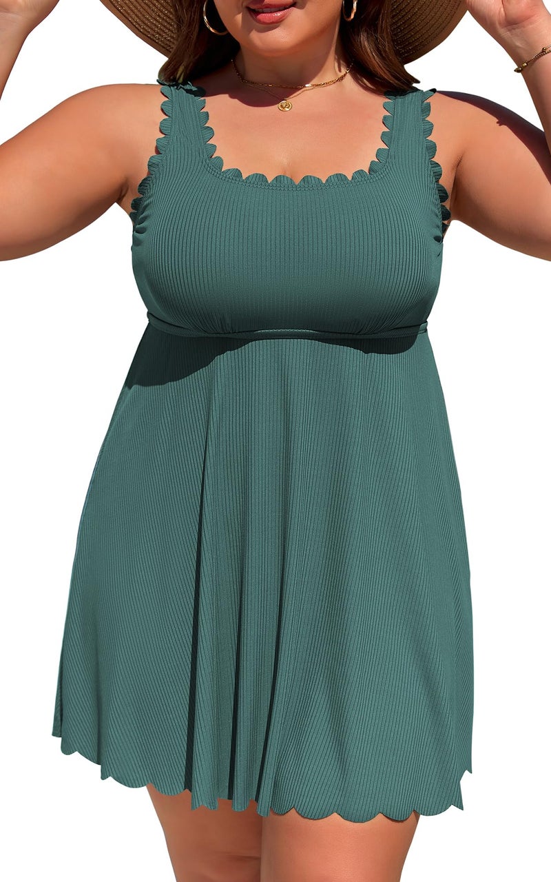 Charmo Womens Plus Size Swim Dress 2026 Scalloped One Piece Bathing Suit High Waisted Modest Swimsuits Ruched Swimwear Green 1X - Image 1