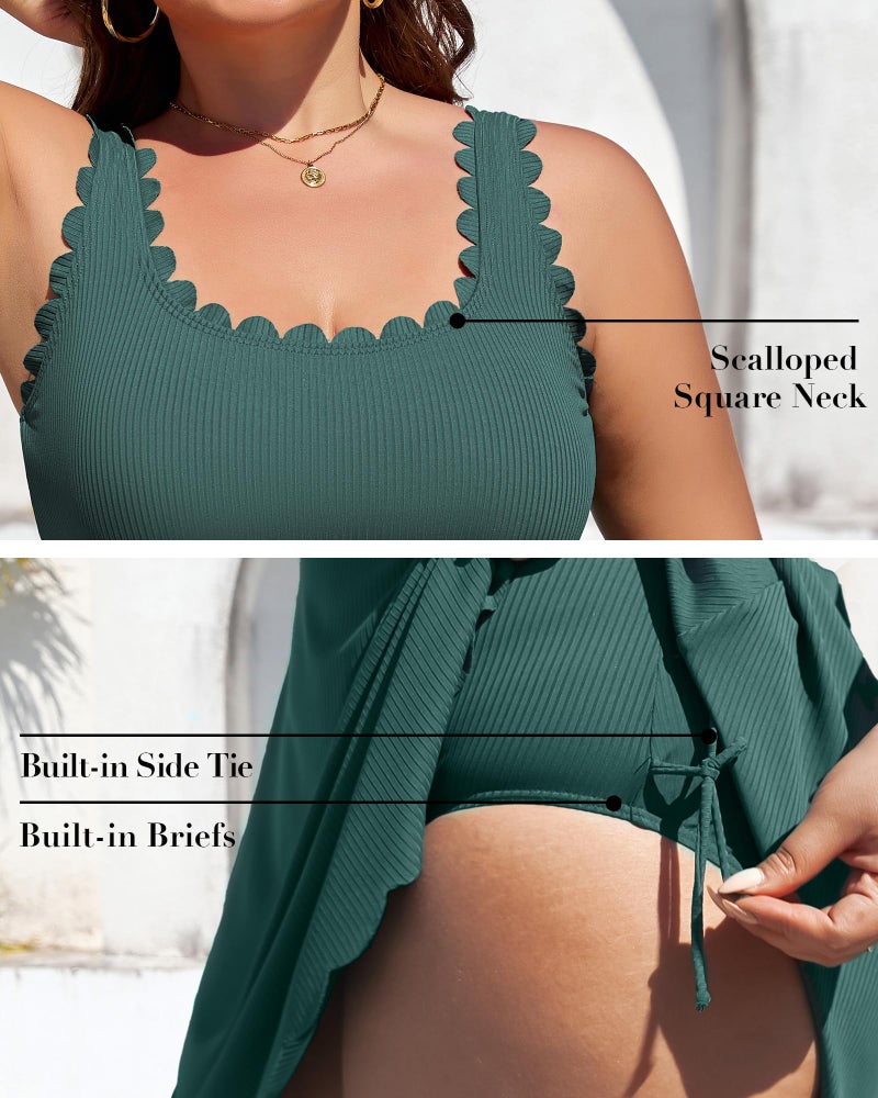 Charmo Womens Plus Size Swim Dress 2026 Scalloped One Piece Bathing Suit High Waisted Modest Swimsuits Ruched Swimwear Green 1X - Image 4