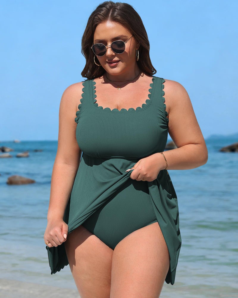 Charmo Womens Plus Size Swim Dress 2026 Scalloped One Piece Bathing Suit High Waisted Modest Swimsuits Ruched Swimwear Green 1X - Image 5