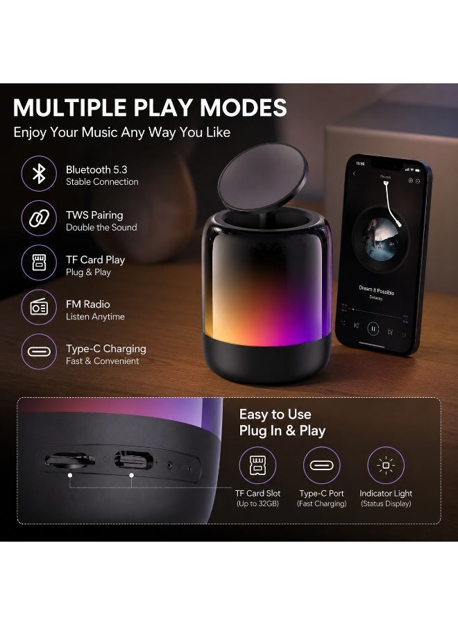 Portable Bluetooth Speaker with Magnetic Phone Stand, RGB LED Light Mini Wireless Desk Speaker, TWS Stereo Pairing, FM Radio, TF Card, Type-C Rechargeable Speaker for iPhone Android, Bedroom, Office & Travel - Image 5