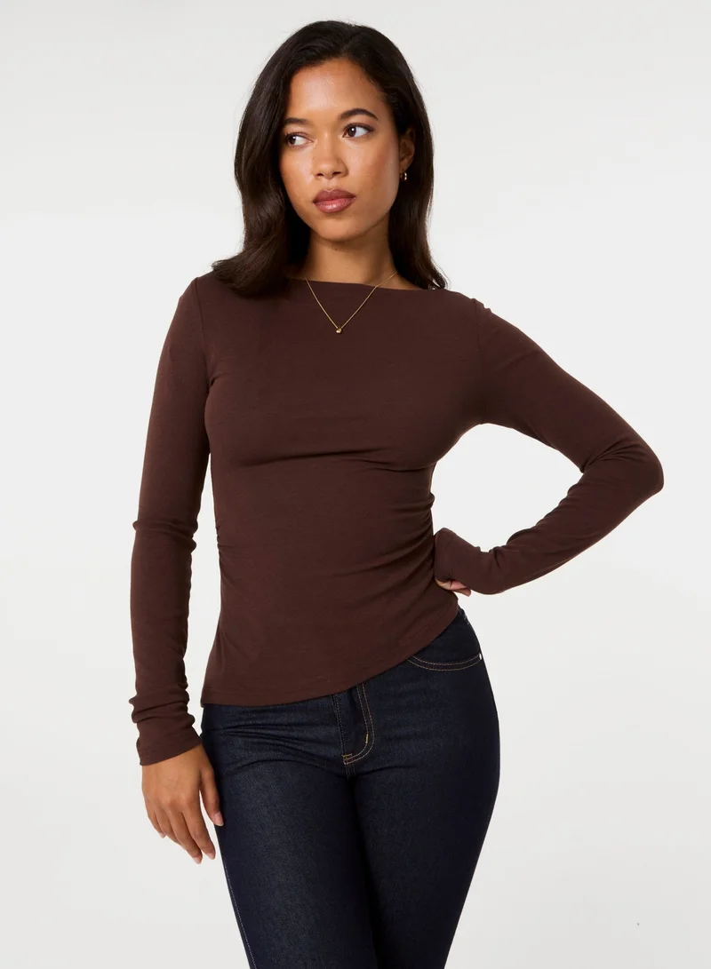بينك فانيلا Asymmetric Boat Neck Long Sleeve Top