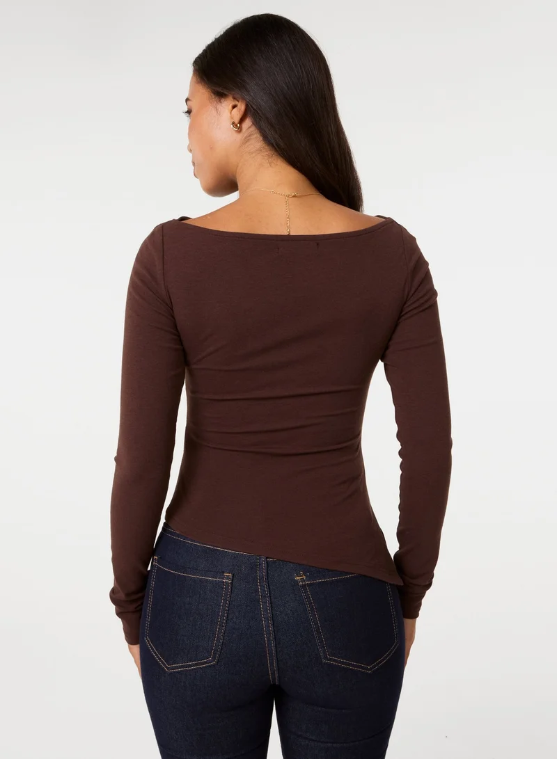 بينك فانيلا Asymmetric Boat Neck Long Sleeve Top