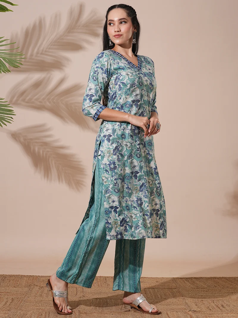 globus Globus Women Floral Print V-Neck Straight Kurta With Elasticated Waist Pants Workwear Set