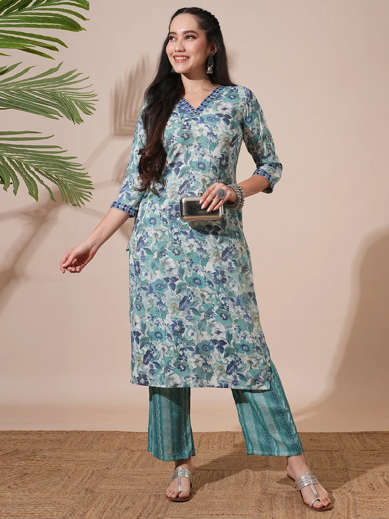 globus Globus Women Floral Print V-Neck Straight Kurta With Elasticated Waist Pants Workwear Set