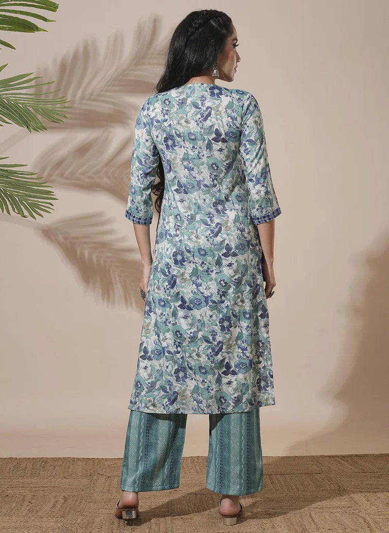 globus Globus Women Floral Print V-Neck Straight Kurta With Elasticated Waist Pants Workwear Set