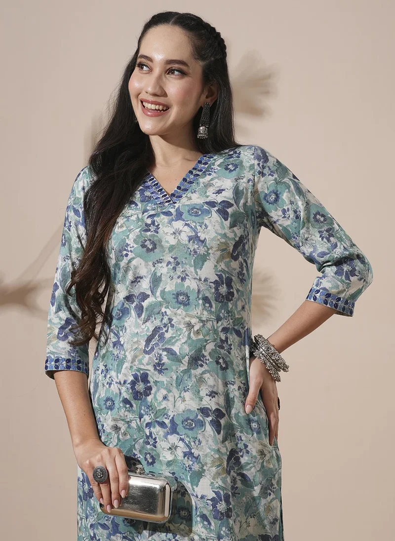 globus Globus Women Floral Print V-Neck Straight Kurta With Elasticated Waist Pants Workwear Set