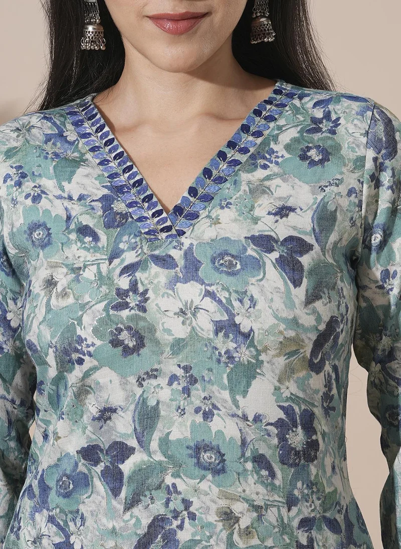 globus Globus Women Floral Print V-Neck Straight Kurta With Elasticated Waist Pants Workwear Set