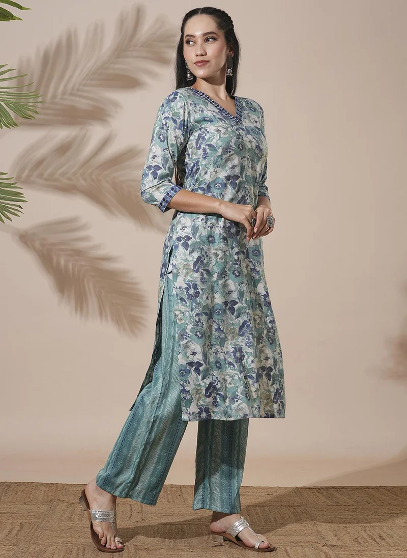 globus Globus Women Floral Print V-Neck Straight Kurta With Elasticated Waist Pants Workwear Set