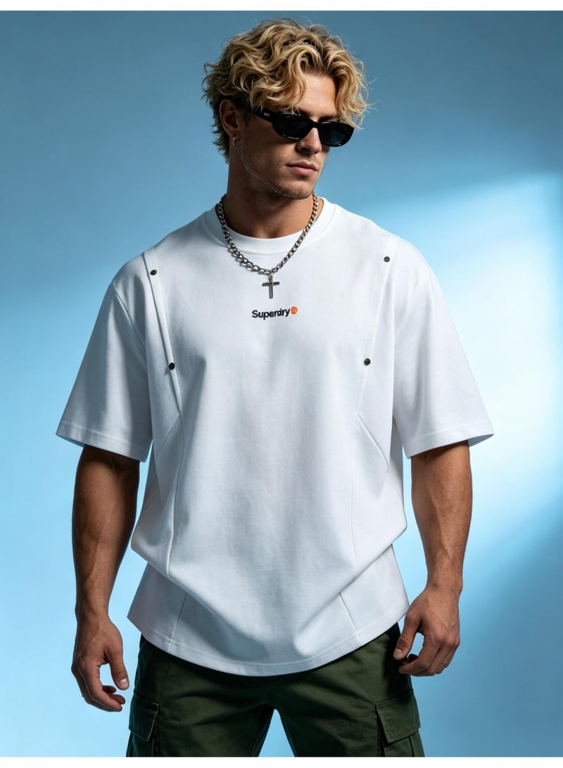 سوبر دراي Superdry men and women with the same heavyweight 100% cotton T-shirt, rivet decorative pleated round neck short sleeve casual T-shirt. - Image 3