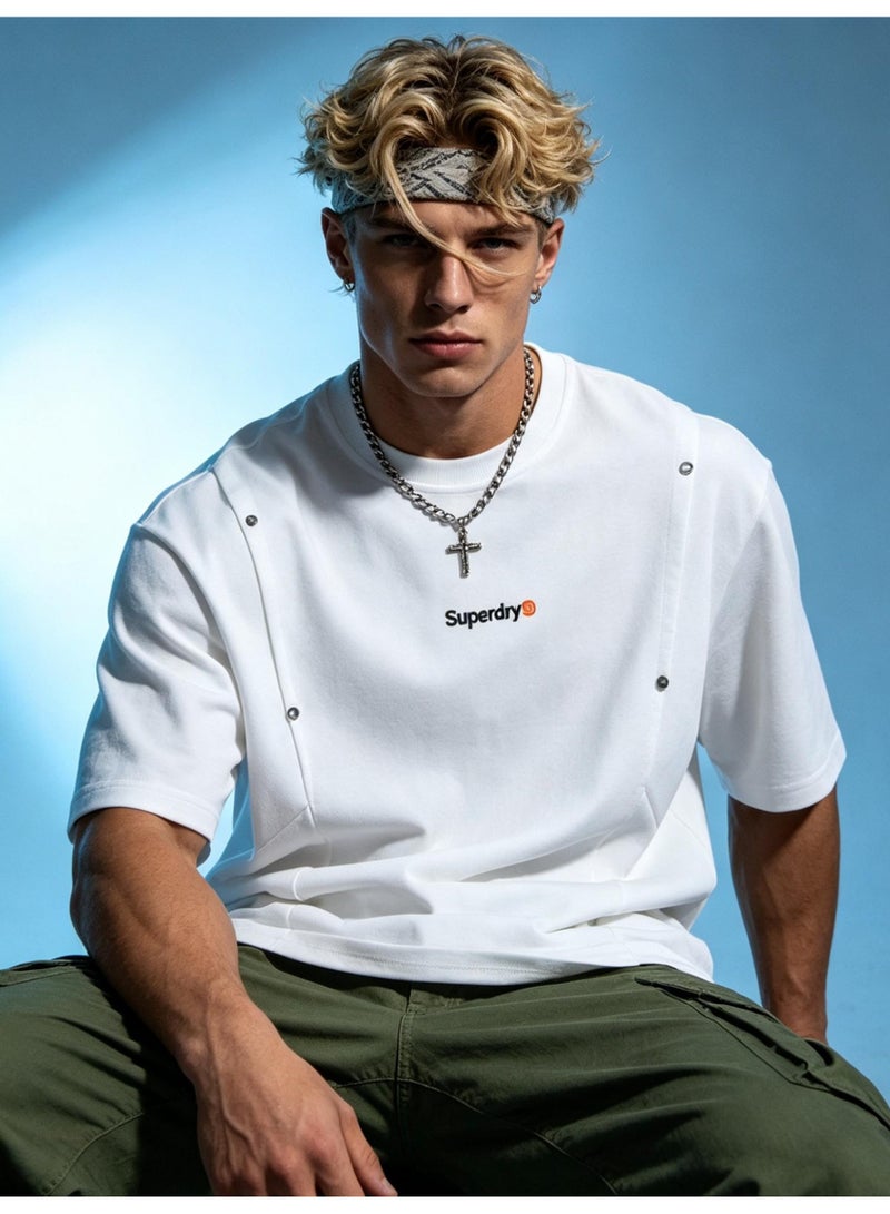 سوبر دراي Superdry men and women with the same heavyweight 100% cotton T-shirt, rivet decorative pleated round neck short sleeve casual T-shirt. - Image 1