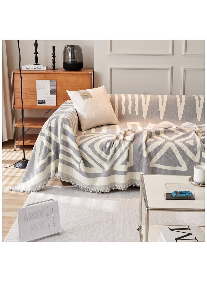 XiuWoo Geometric Jacquard Sofa Cover Soft Texture Washable Decorative Sofa Cover For 3 Cushion Sofa Furniture Protective Cover Sofa Cover With Tassel 180*300 CM,Grey - Image 2