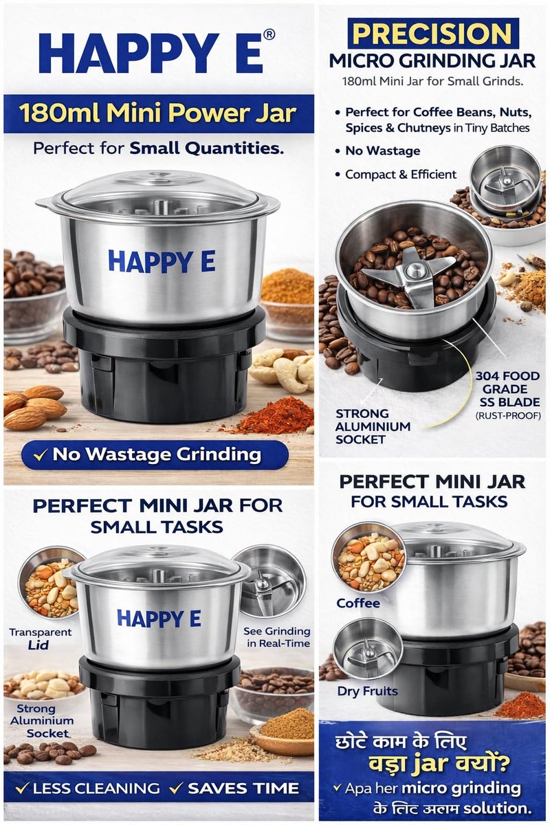 HAPPY E Mixer Grinder Jar, Mini Chutney Jar HEAVY QUALITY Mixer Chutney Jar Suitable for all Local & Branded Mixer which comes with 2 Lock & 4 Teeth Coupler (Mini Unique Jar 180 ml) - Image 2