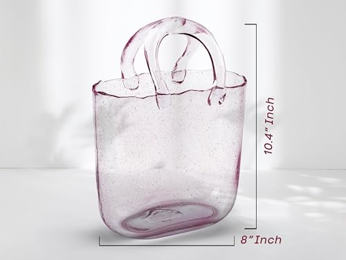 OLEEK Handmade Glass Purse Vase for Flowers and Drinks 10 in Cute Pink Centerpiece Fish Bowl Unique Handbag Flower Vase Wide Mouth Decorative - Image 3