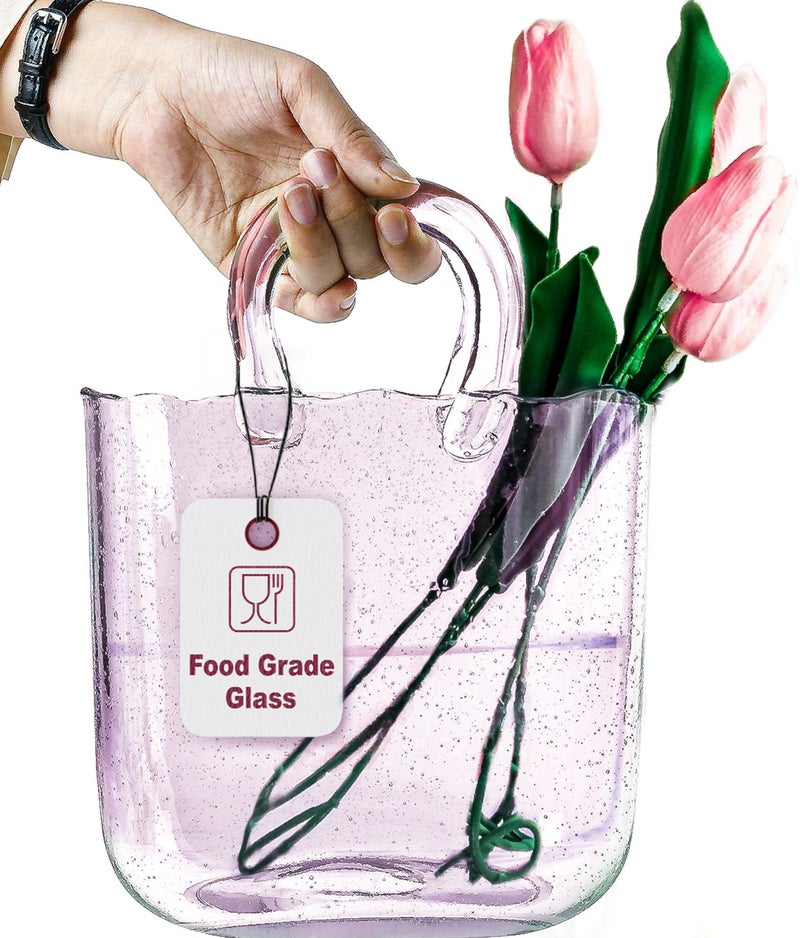 OLEEK Handmade Glass Purse Vase for Flowers and Drinks 10 in Cute Pink Centerpiece Fish Bowl Unique Handbag Flower Vase Wide Mouth Decorative - Image 2