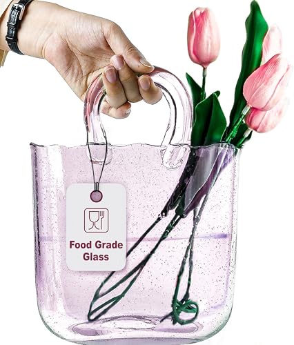 OLEEK Handmade Glass Purse Vase for Flowers and Drinks 10 in Cute Pink Centerpiece Fish Bowl Unique Handbag Flower Vase Wide Mouth Decorative - Image 1