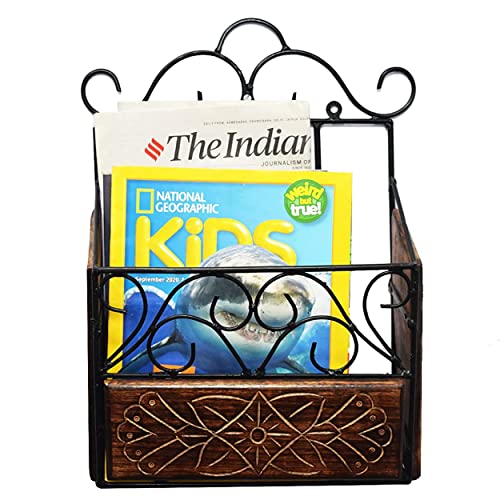 Woodiva Wood & Wrought Iron Modern Elegance Magazine Newspaper & Book Wall Rack || Wall Magazine Holders for Home & Office || Black & Natural Finish {38x28x11}cm. - Image 4
