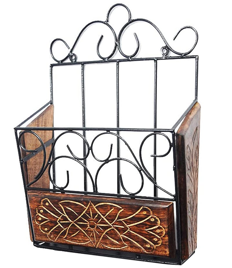 Woodiva Wood & Wrought Iron Modern Elegance Magazine Newspaper & Book Wall Rack || Wall Magazine Holders for Home & Office || Black & Natural Finish {38x28x11}cm. - Image 2