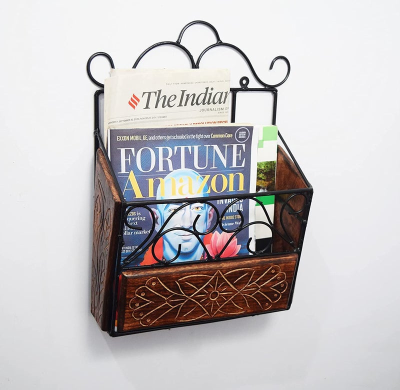 Woodiva Wood & Wrought Iron Modern Elegance Magazine Newspaper & Book Wall Rack || Wall Magazine Holders for Home & Office || Black & Natural Finish {38x28x11}cm. - Image 1