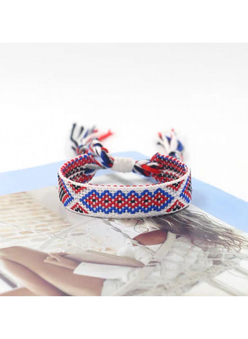 Generic - Handwoven bracelets made of colorful threads. They feature geometric patterns and bright colors, with tassels at the ends. They can be used as hand or foot accessories. They are adjustable to fit different wrist sizes. 3 pieces. - Image 1
