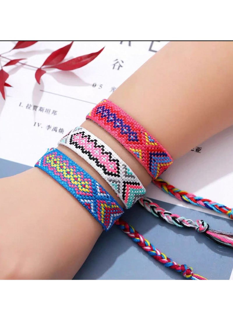 Generic - Handwoven bracelets made of colorful threads. They feature geometric patterns and bright colors, with tassels at the ends. They can be used as hand or foot accessories. They are adjustable to fit different wrist sizes. 3 pieces. - Image 1