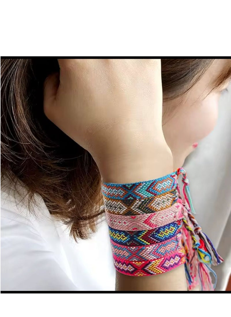 Generic - Handwoven bracelets made of colorful threads. They feature geometric patterns and bright colors, with tassels at the ends. They can be used as hand or foot accessories. They are adjustable to fit different wrist sizes. 3 pieces. - Image 1