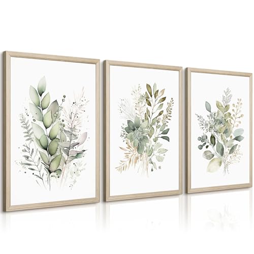 Joocrise Watercolor Botanical Wall Art Set of 3 Boho Floral Canvas Wall Decor Prints Sage Green Wildflower Wall Art Modern Flower Pictures Botanical Painting for Bedroom Bathroom 12x16 Inch Wood Framed - Image 1
