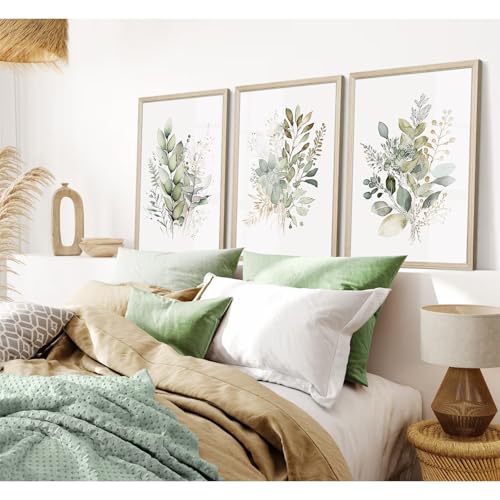 Joocrise Watercolor Botanical Wall Art Set of 3 Boho Floral Canvas Wall Decor Prints Sage Green Wildflower Wall Art Modern Flower Pictures Botanical Painting for Bedroom Bathroom 12x16 Inch Wood Framed - Image 4