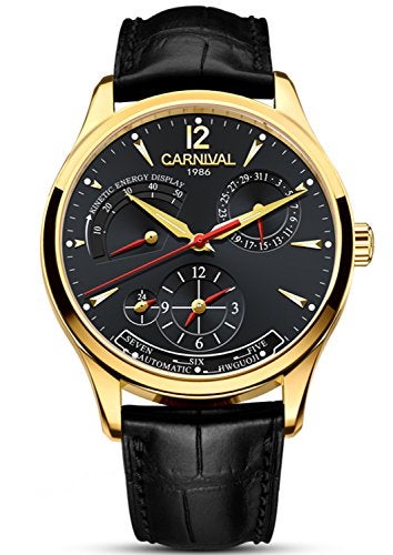 Carnival Mens Kinetic Display Automatic Machine Stainless Steel Sapphire Waterproof Leather Black Watch GoldBlack Dial - Image 1