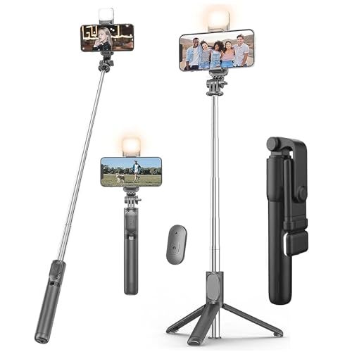 Kratos 28 Inch Selfie Stick Tripod Stand with Light, 3-in-1 Multifunctional Design, Rechargeable LED Light with Two Brightness Levels with Bluetooth Remote for Makeup, Selfie & Photoshoot - Image 1