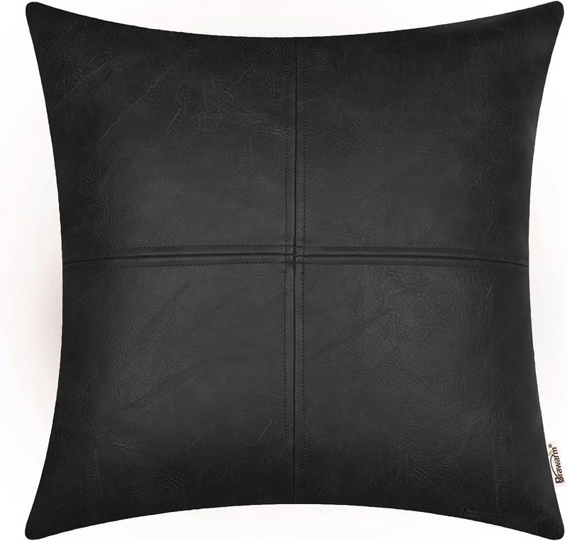 BRAWARM Faux Leather Throw Pillow Covers 22 X 22 Inches, Black Leather Pillow Cover, Hand Stitched Leather Decorative Pillow Cover for Couch Sofa Bed Living Room Home Garden - Image 1