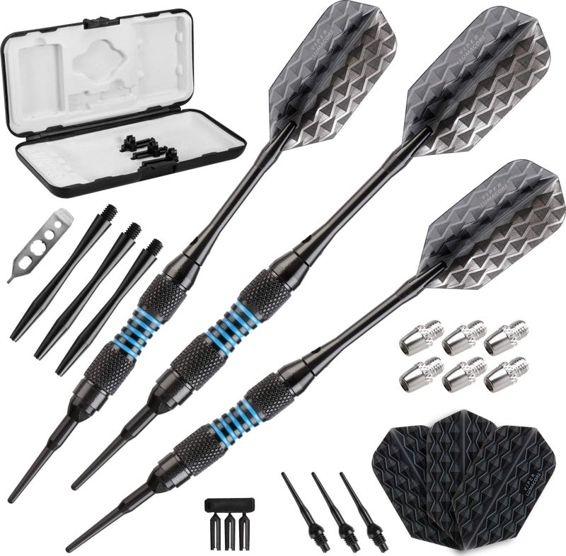 Viper Bobcat Adjustable Weight Soft Tip Darts with Storage/Travel Case: Black Coated Brass, Blue Rings, 16-18 Grams - Image 1