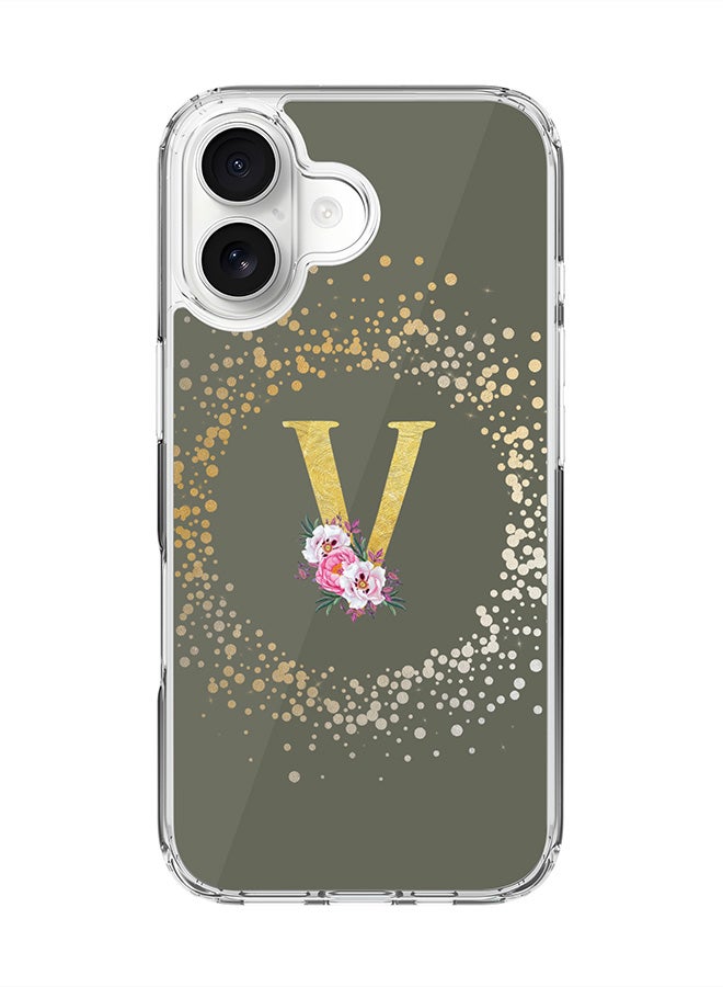 Stylizedd Classic Clear MagSafe Case for iPhone 17 , Hybrid Soft Case Flexible Edges Anti Drop TPU PC Gel Thin Transparent Cover [ Designed for iPhone 17 ] - Custom Monogram Initial Letter Floral Pattern Alphabet - V  (Olive Green )