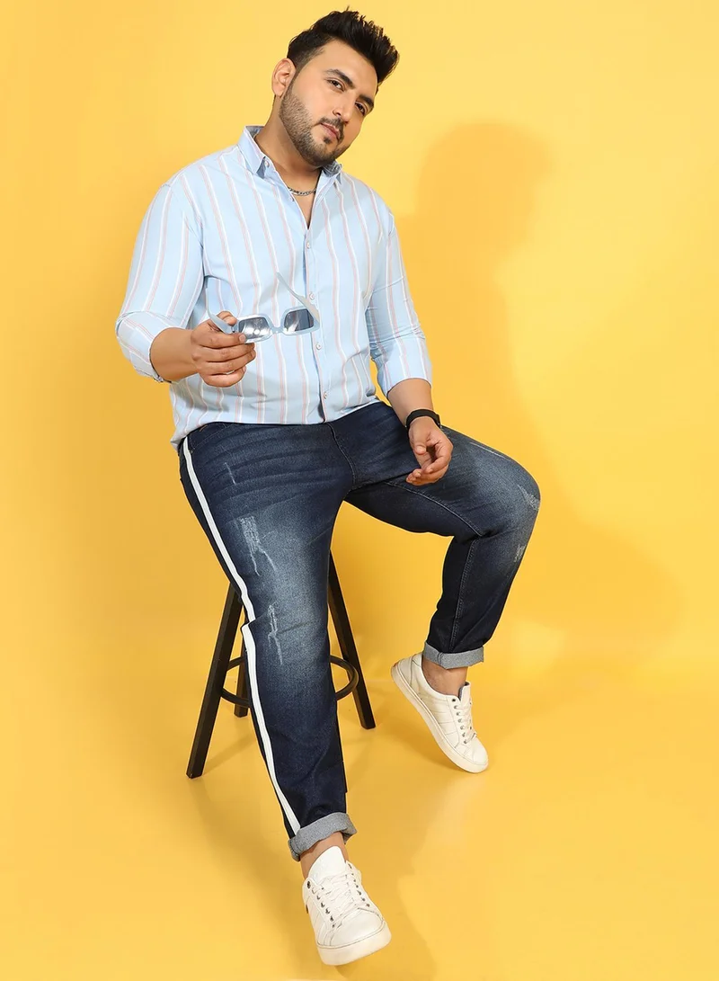 Instafab Plus Instafab Plus Men's Light Blue Striped Cotton Shirt Button Up Plus-Size Fit For Casual Wear | Cotton Spread Collar Shirt Crafted With Regular Sleeve & Comfort Fit For Everyday Wear
