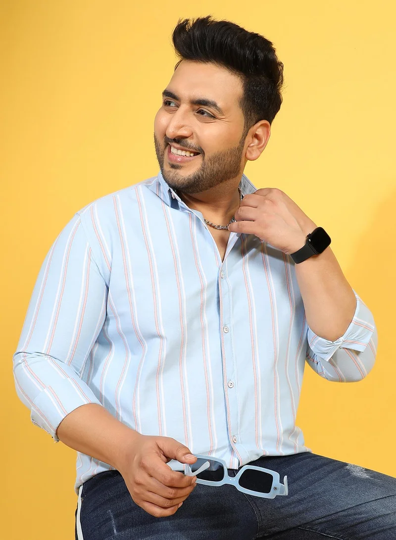 Instafab Plus Instafab Plus Men's Light Blue Striped Cotton Shirt Button Up Plus-Size Fit For Casual Wear | Cotton Spread Collar Shirt Crafted With Regular Sleeve & Comfort Fit For Everyday Wear