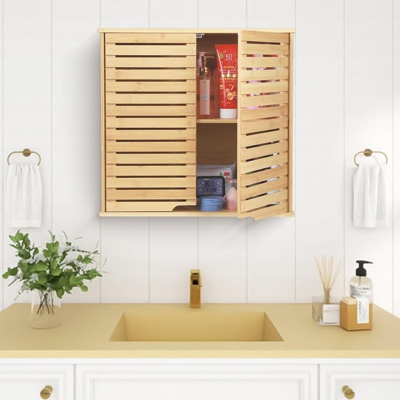 HYNAWIN Bathroom Wall Mounted Medicine Cabinet, Over-The-Toilet Storage Organizer,Bamboo 2 Tier Shelf with Double Door - Image 3