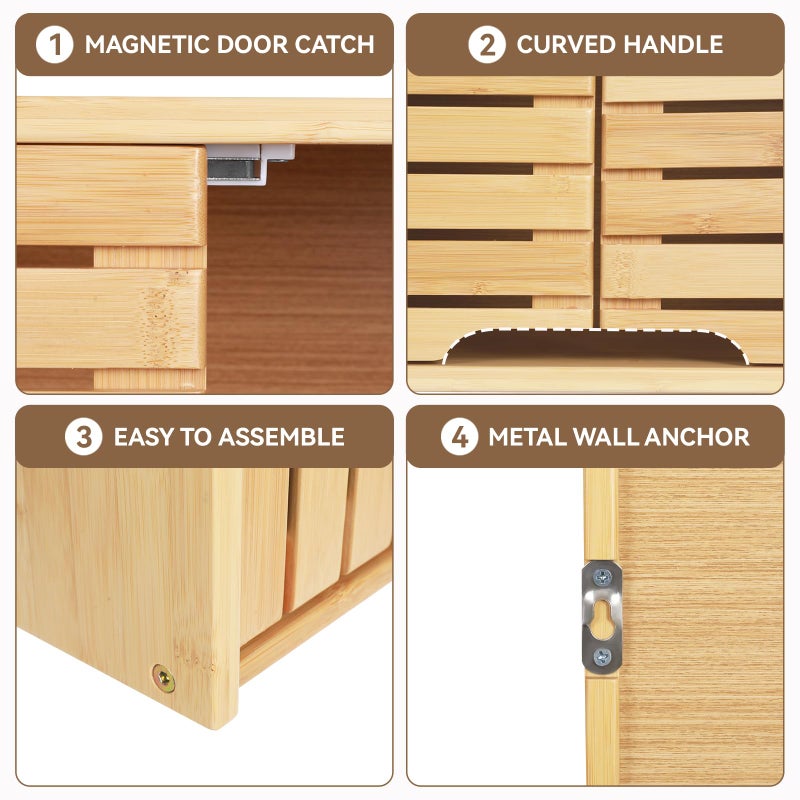 HYNAWIN Bathroom Wall Mounted Medicine Cabinet, Over-The-Toilet Storage Organizer,Bamboo 2 Tier Shelf with Double Door - Image 4