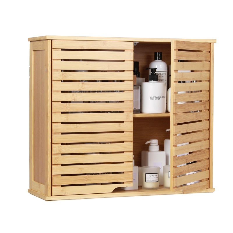 HYNAWIN Bathroom Wall Mounted Medicine Cabinet, Over-The-Toilet Storage Organizer,Bamboo 2 Tier Shelf with Double Door - Image 1