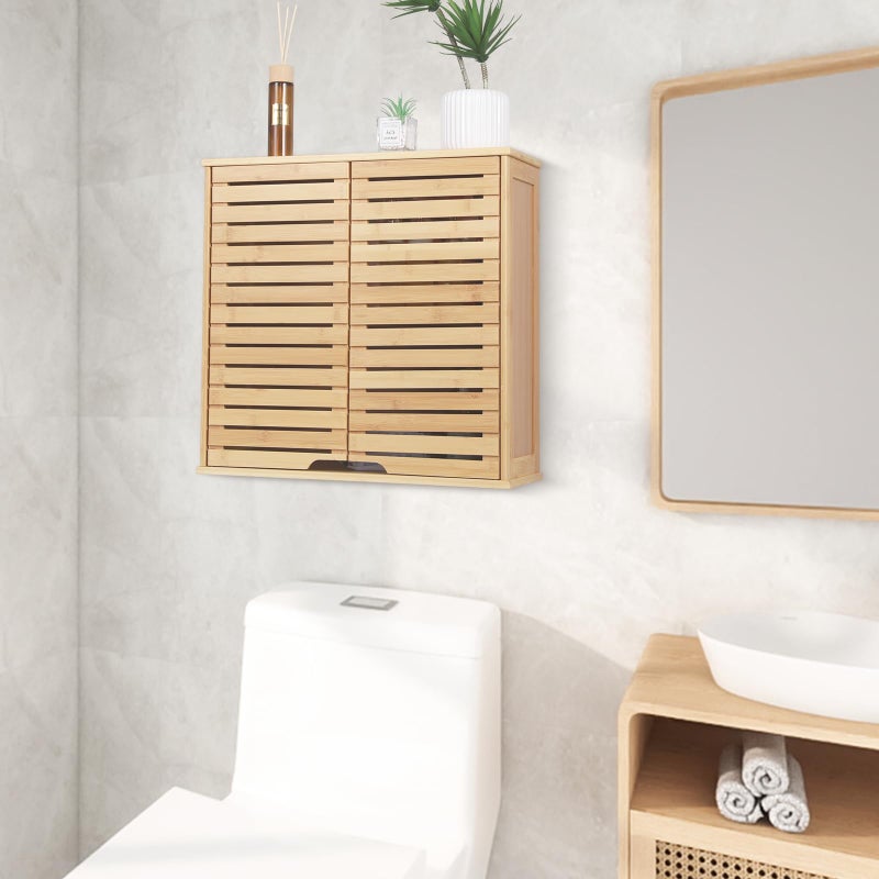 HYNAWIN Bathroom Wall Mounted Medicine Cabinet, Over-The-Toilet Storage Organizer,Bamboo 2 Tier Shelf with Double Door - Image 2