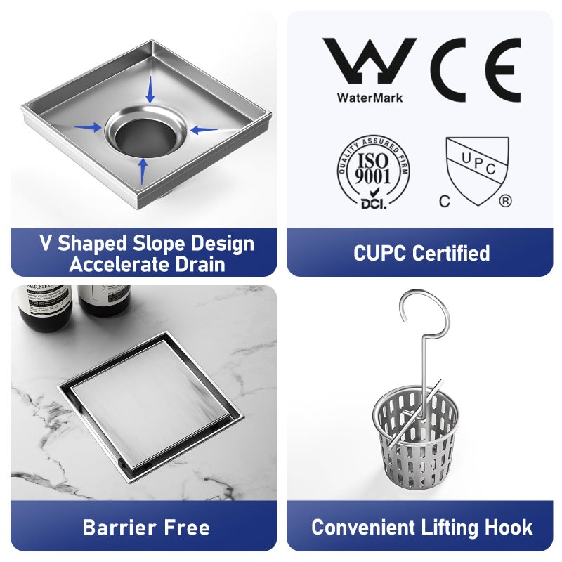 Bernkot Square Shower Drain 6", Brushed Floor Drain with Tiled Insert Grate & Hair Strainer, 304 Stainless Steel Bathroom 2-in-1 Tiled in Drain, CUPC Certified (Brushed, 6'') - Image 2