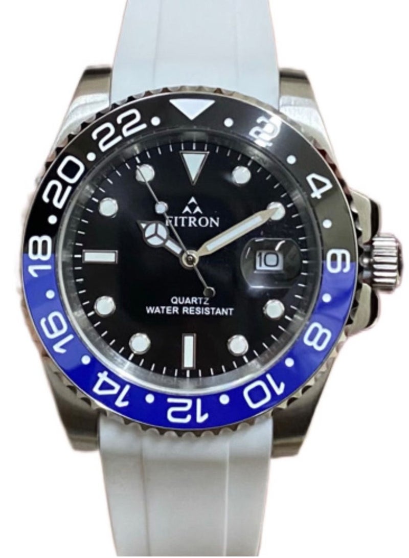 Fitron Men’s White Rubber Watch with Black Dial and Blue/Black Bezel - Image 1