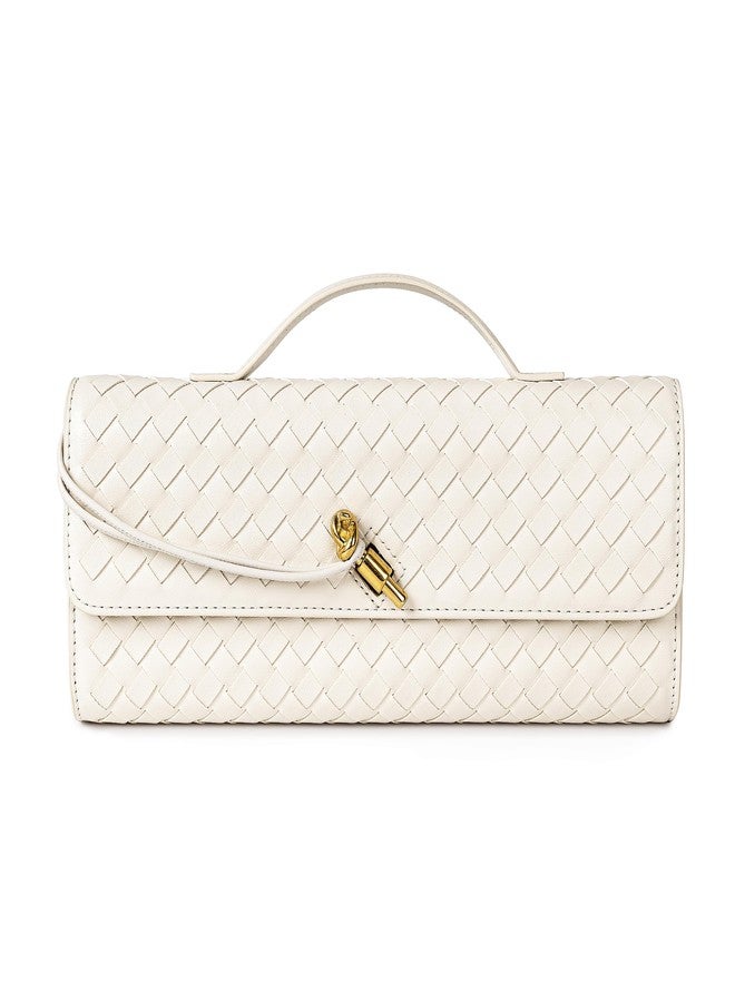 Joryin Woven Purse for Women Evening Clutch Woven Leather Handbags Crossbody Bag Formal Evening bag, Blush White Woven Leather - Image 1