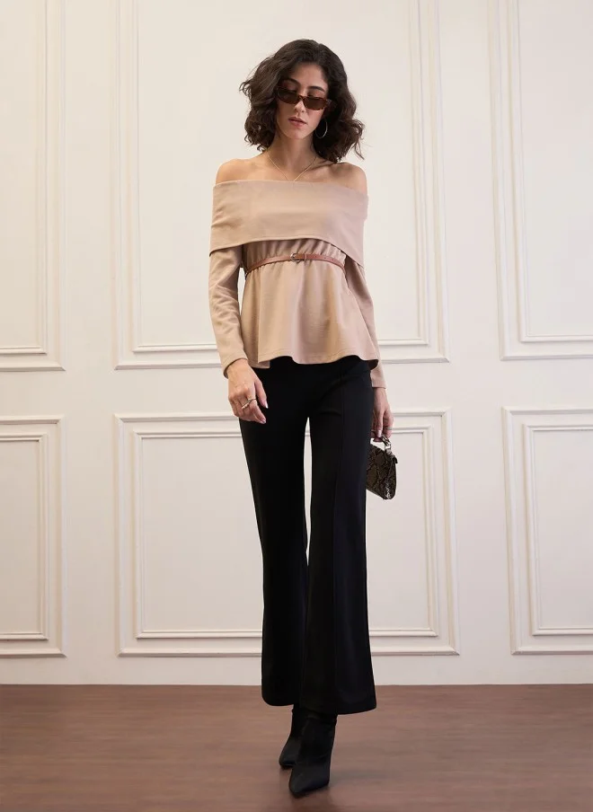 ساسافراس Beige Off-Shoulder Belted Peplum Top for Women