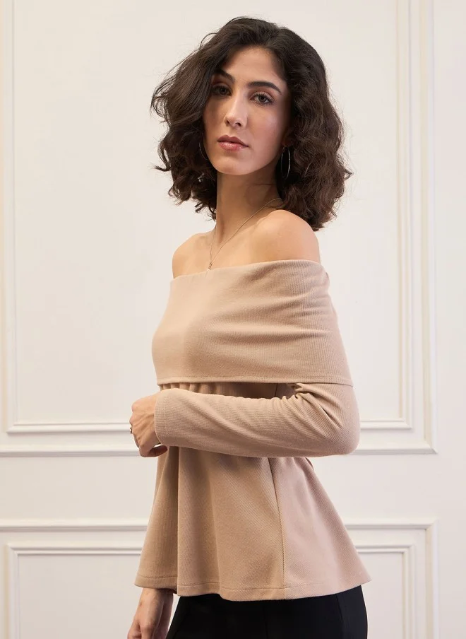 ساسافراس Beige Off-Shoulder Belted Peplum Top for Women