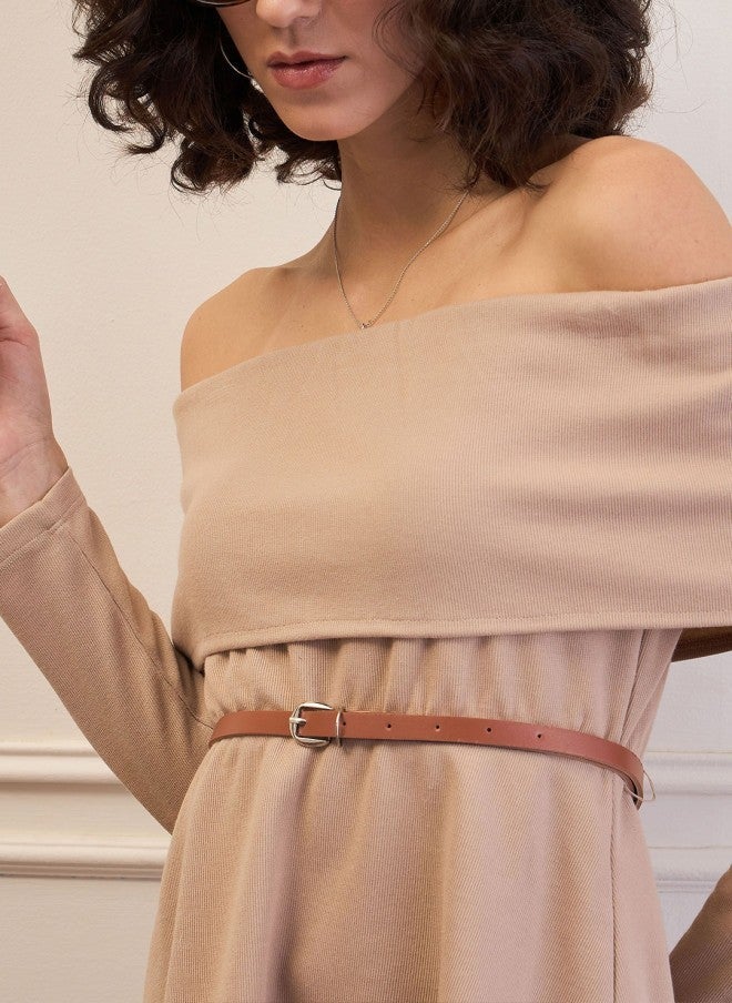 SASSAFRAS Beige Off-Shoulder Belted Peplum Top for Women - Image 3
