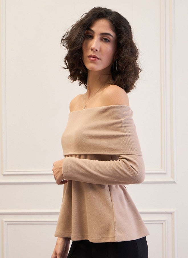 SASSAFRAS Beige Off-Shoulder Belted Peplum Top for Women - Image 4