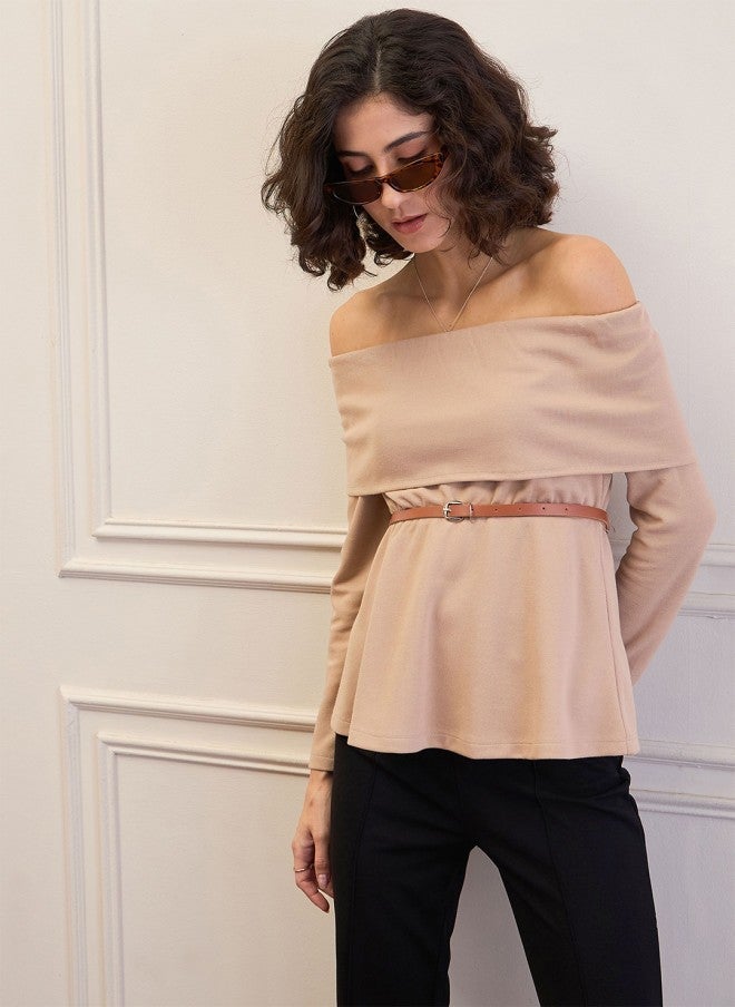 SASSAFRAS Beige Off-Shoulder Belted Peplum Top for Women - Image 2